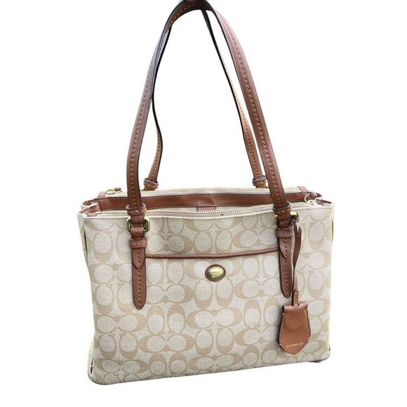 Coach Handbags - COACH Peyton Khaki & Brown Signature Jordan Double-Zip Carryall Bag F24603